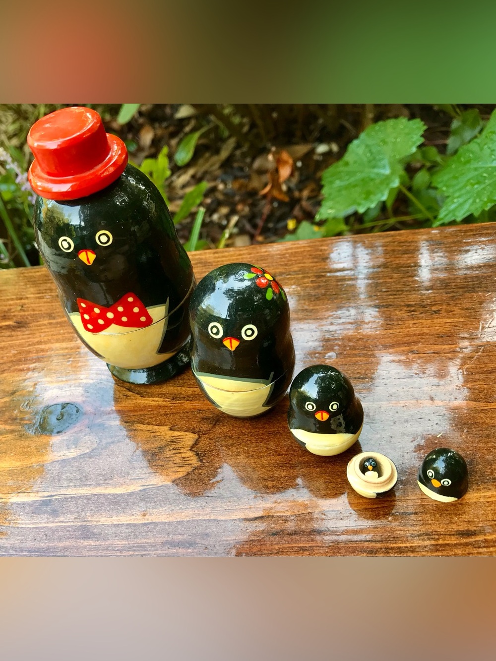 Vintage 5 Pc Russia Winter Penguin Babushka Nesting Wooden Painted Dolls Decor